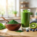 Bol de poudre de spiruline, smoothie vert, kiwi, myrtilles sur table en bois. Femme active en arrière-plan flou dans une cuisine lumineuse.