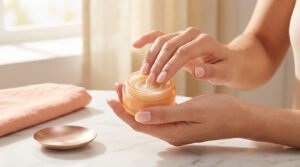 Mains appliquant la Crème Abricot Dior pour ongles. Un pot de crème est ouvert sur une table en marbre, avec une serviette rose.