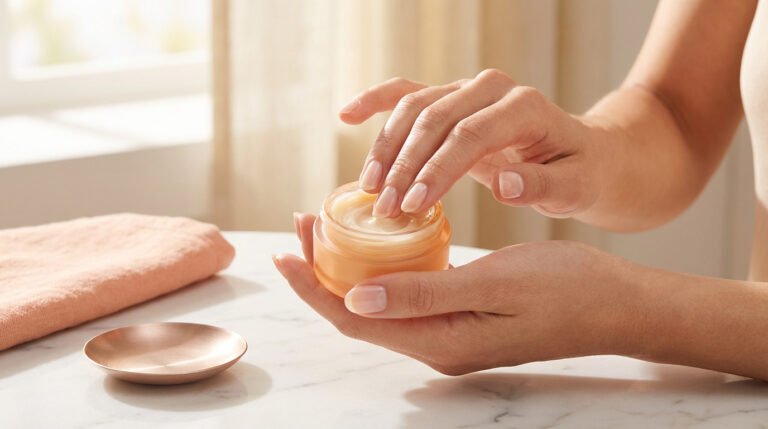 Mains appliquant la Crème Abricot Dior pour ongles. Un pot de crème est ouvert sur une table en marbre, avec une serviette rose.