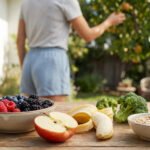 Table en bois avec fruits frais (baies, pommes, bananes), brocolis, céréales. Une personne cueille des fruits dans un jardin ensoleillé.