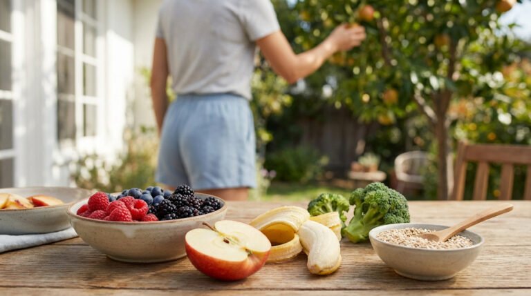 Table en bois avec fruits frais (baies, pommes, bananes), brocolis, céréales. Une personne cueille des fruits dans un jardin ensoleillé.