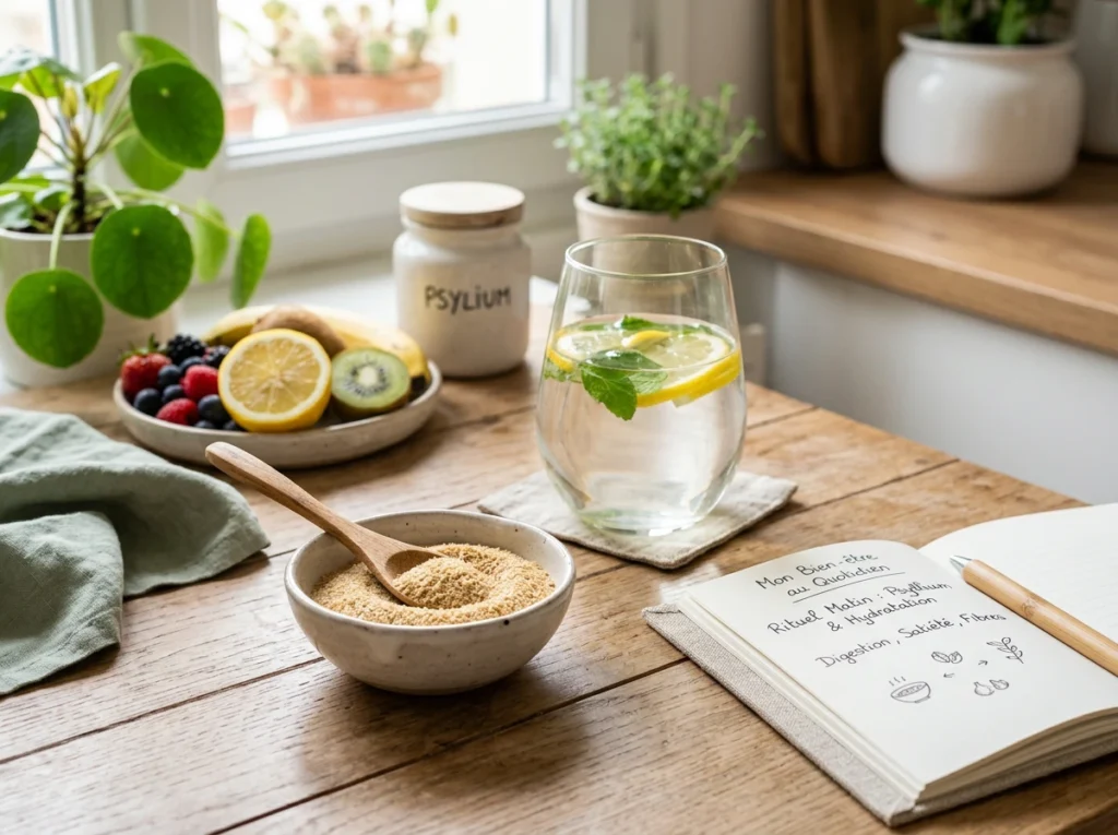 Table avec un bol de psyllium