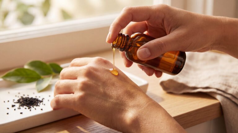 Une main verse de l'huile de nigelle d'une bouteille ambrée sur l'autre main, avec des graines de nigelle sur un plateau.