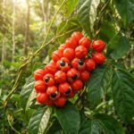 Grappe de fruits de guarana rouges ouverts sur une liane dans une forêt tropicale dense et ensoleillée.