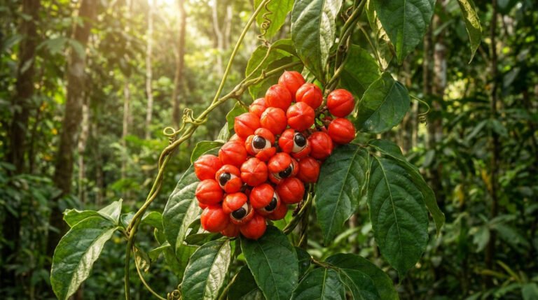 Grappe de fruits de guarana rouges ouverts sur une liane dans une forêt tropicale dense et ensoleillée.
