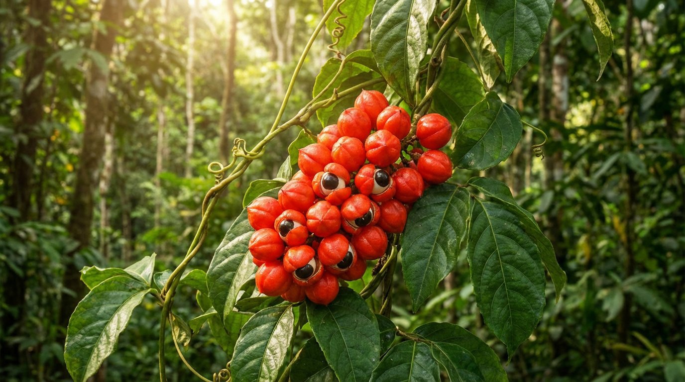 Grappe de fruits de guarana rouges ouverts sur une liane dans une forêt tropicale dense et ensoleillée.