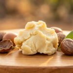 Un bloc de beurre de karité brut entouré de noix de karité entières et ouvertes, avec des feuilles vertes, sur une planche en bois.