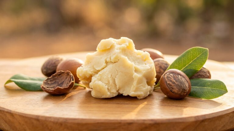 Un bloc de beurre de karité brut entouré de noix de karité entières et ouvertes, avec des feuilles vertes, sur une planche en bois.