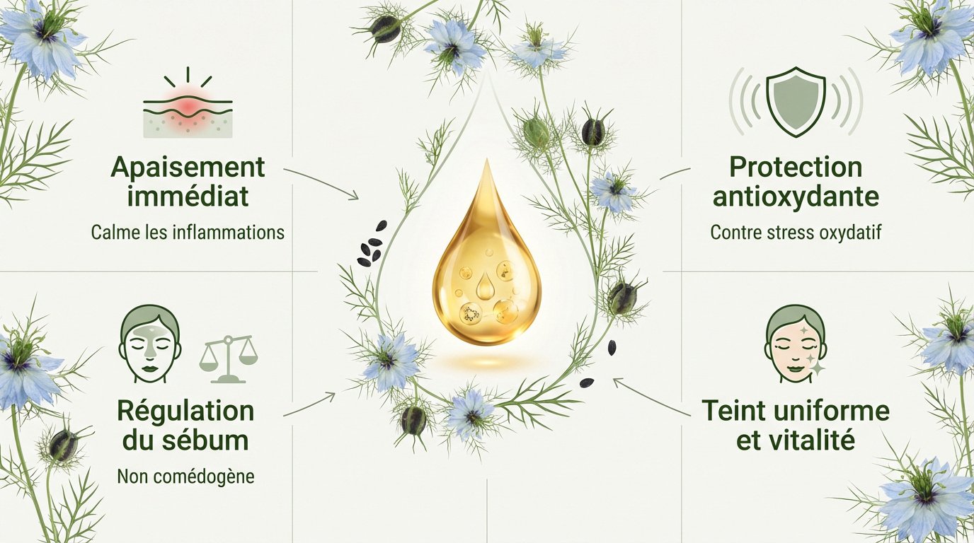 Flacon d'huile de nigelle entouré de graines de cumin noir pour le soin du visage
