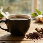 Tasse de chicorée chaude fumante, granules et racines de chicorée sur une table en bois près d'une fenêtre ensoleillée.