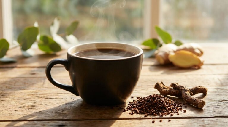 Tasse de chicorée chaude fumante, granules et racines de chicorée sur une table en bois près d'une fenêtre ensoleillée.