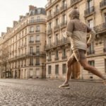 Un coureur solitaire en tenue de sport sur une rue pavée de Paris, des immeubles haussmanniens en arrière-plan sous une lumière douce.