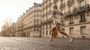 Un coureur solitaire en tenue de sport sur une rue pavée de Paris, des immeubles haussmanniens en arrière-plan sous une lumière douce.