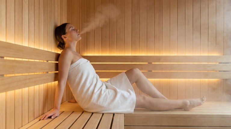 Femme détendue sur un banc de sauna en bois, yeux fermés, entourée de vapeur. Lumières chaudes en arrière-plan.