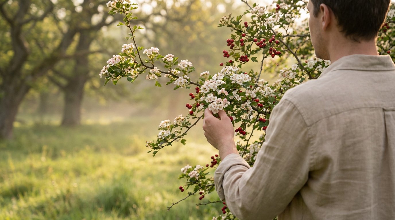 Un homme cueille délicatement des fleurs et des baies d'aubépine sur un arbuste, dans un paysage naturel verdoyant.