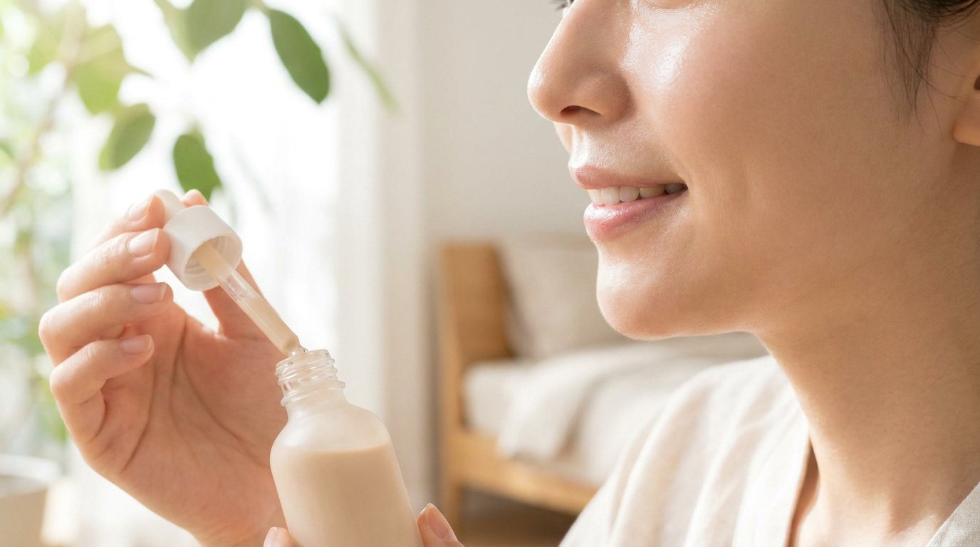 Femme souriante appliquant le Clarins BB Skin Detox avec une pipette. Son teint est lumineux et la peau saine, dans un cadre clair.