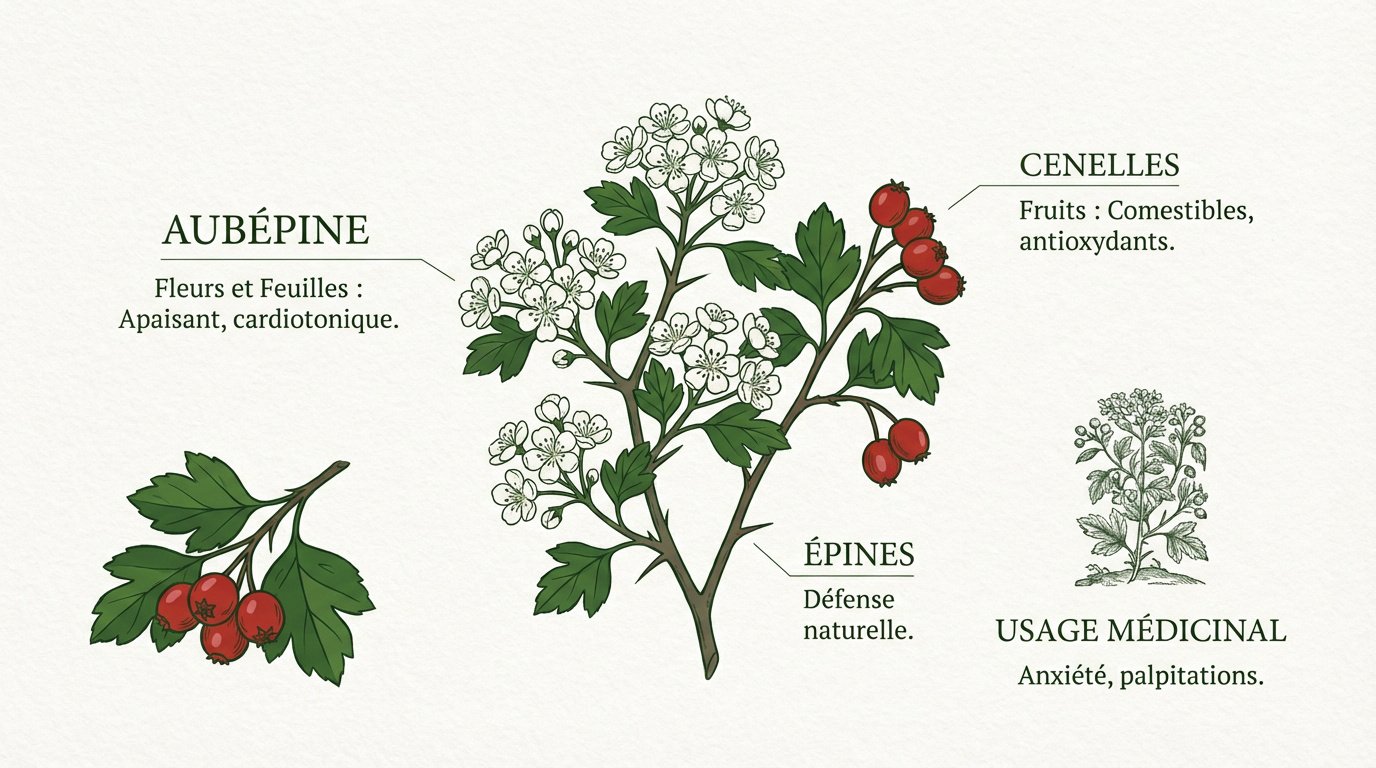 Illustration botanique de l'aubépine avec fleurs blanches et cenelles rouges