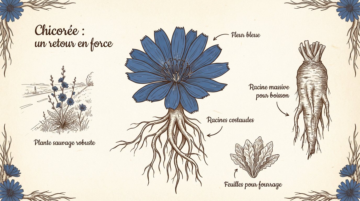 Illustration botanique détaillée de la plante de chicorée avec ses fleurs bleues et sa racine pivotante