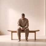 Homme chauve méditant sur un banc en bois dans une pièce minimaliste, symbolisant la fatigue et l'introspection.