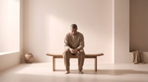 Homme chauve méditant sur un banc en bois dans une pièce minimaliste, symbolisant la fatigue et l'introspection.