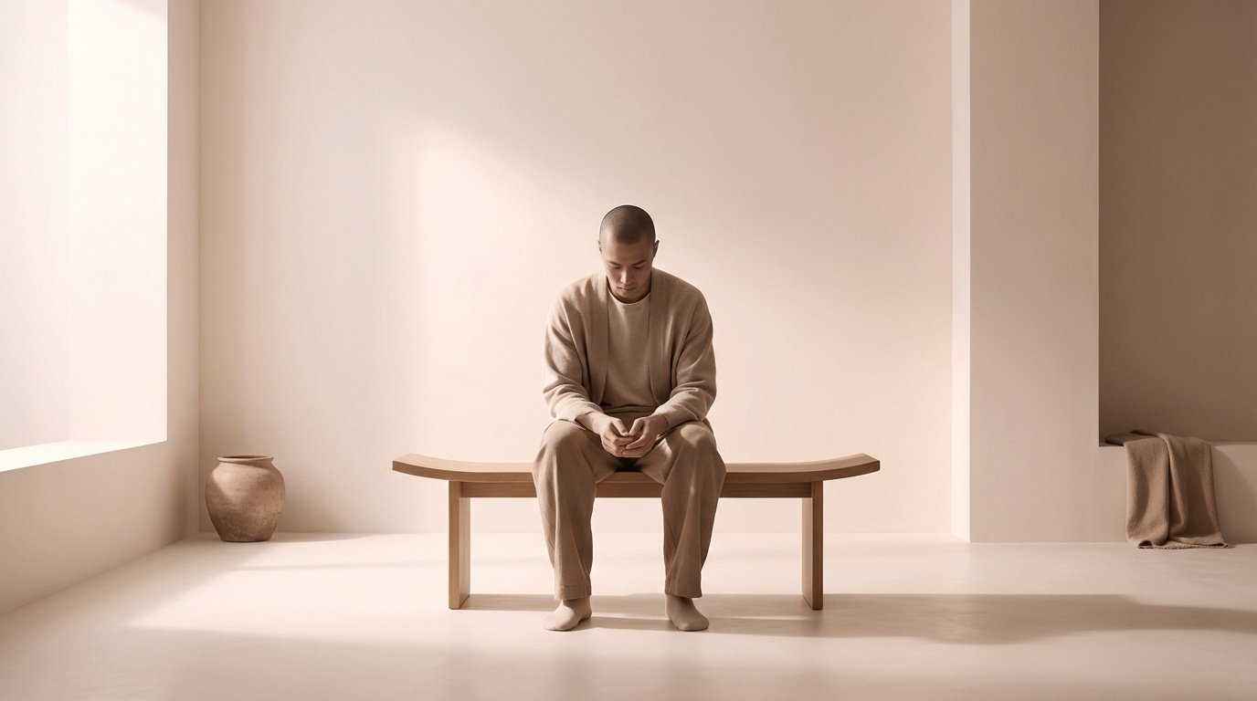 Homme chauve méditant sur un banc en bois dans une pièce minimaliste, symbolisant la fatigue et l'introspection.