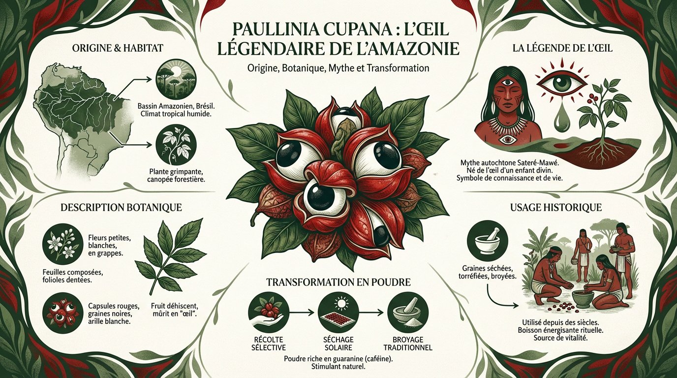 Fruit du guarana mûr ressemblant à un œil humain dans la jungle amazonienne