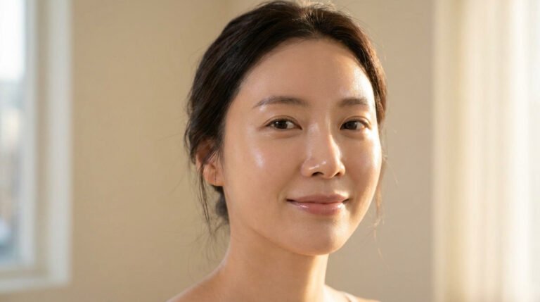 Portrait lumineux d'une femme au sourire doux, peau éclatante de santé et hydratée. Cheveux foncés attachés.