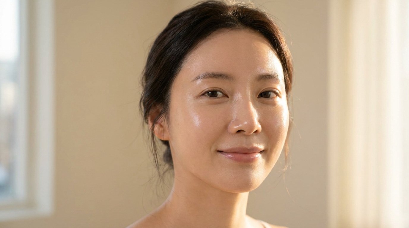 Portrait lumineux d'une femme au sourire doux, peau éclatante de santé et hydratée. Cheveux foncés attachés.