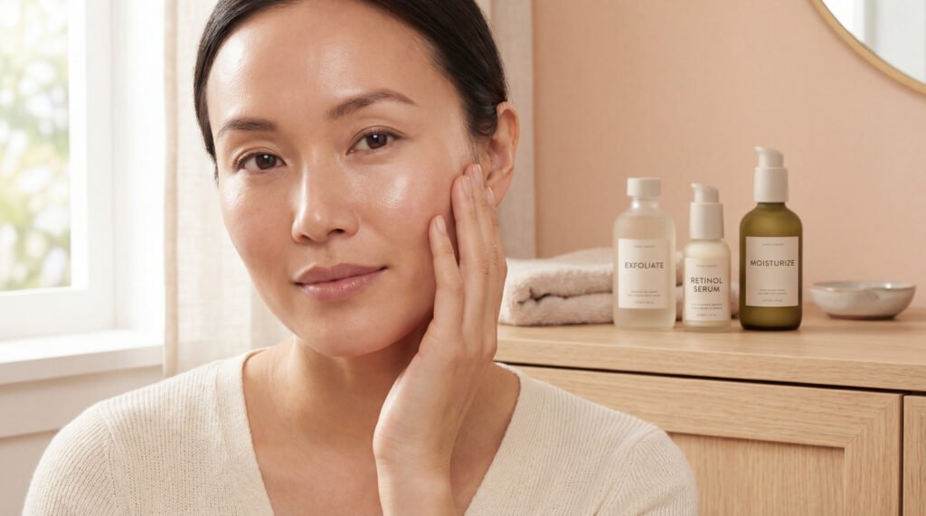 Femme au visage lumineux touchant sa joue, avec des produits Exfoliate, Retinol Serum, Moisturize en arrière-plan.