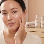 Femme au visage lumineux touchant sa joue, avec des produits Exfoliate, Retinol Serum, Moisturize en arrière-plan.