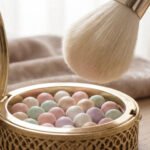 Gros plan sur un boîtier doré ouvert de Météorites Guerlain, contenant des perles de poudre multicolores. Un pinceau doux est au-dessus.