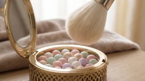 Gros plan sur un boîtier doré ouvert de Météorites Guerlain, contenant des perles de poudre multicolores. Un pinceau doux est au-dessus.