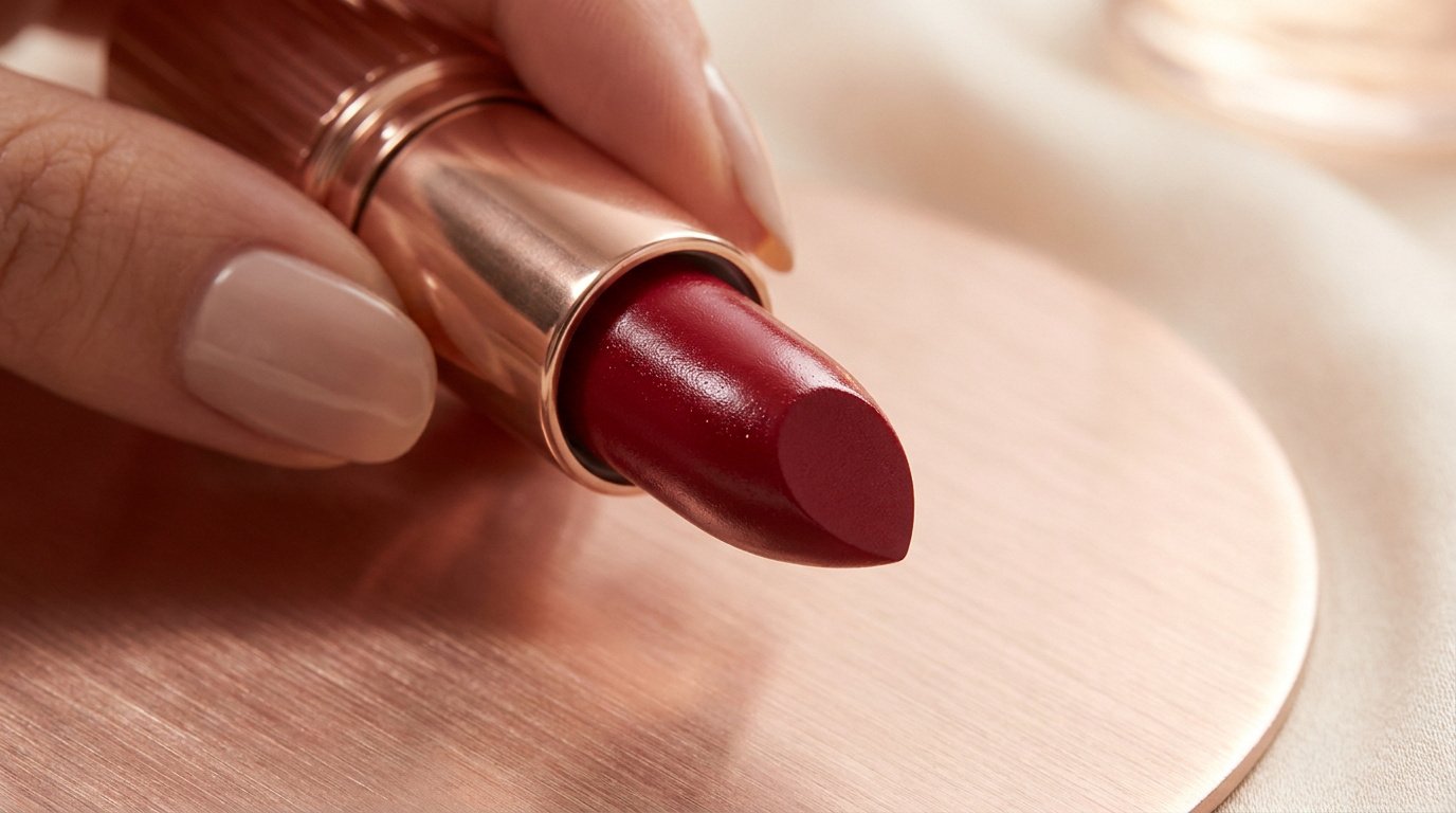 Gros plan sur un rouge à lèvres Lancôme Absolu Rouge satiné bordeaux, tenu par une main. Étui or rose.