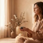 Femme d'âge mûr sereine, assise en tailleur, vêtue de lin. Elle tient une pierre, regardant la lumière naturelle d'une fenêtre.