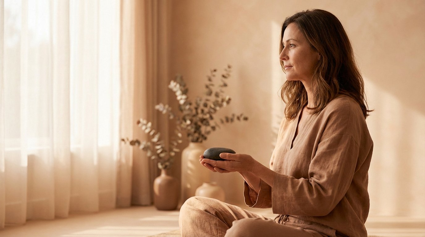 Femme d'âge mûr sereine, assise en tailleur, vêtue de lin. Elle tient une pierre, regardant la lumière naturelle d'une fenêtre.