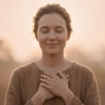 Femme souriante aux yeux clos, mains sur la poitrine, évoquant paix et gratitude au lever/coucher du soleil.