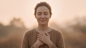 Femme souriante aux yeux clos, mains sur la poitrine, évoquant paix et gratitude au lever/coucher du soleil.