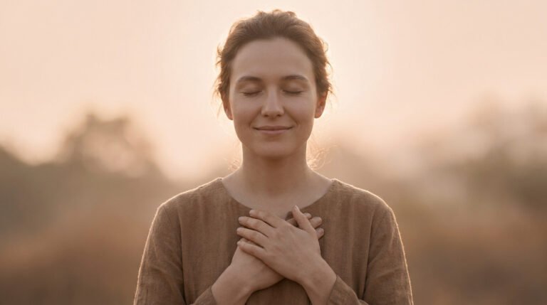 Femme souriante aux yeux clos, mains sur la poitrine, évoquant paix et gratitude au lever/coucher du soleil.