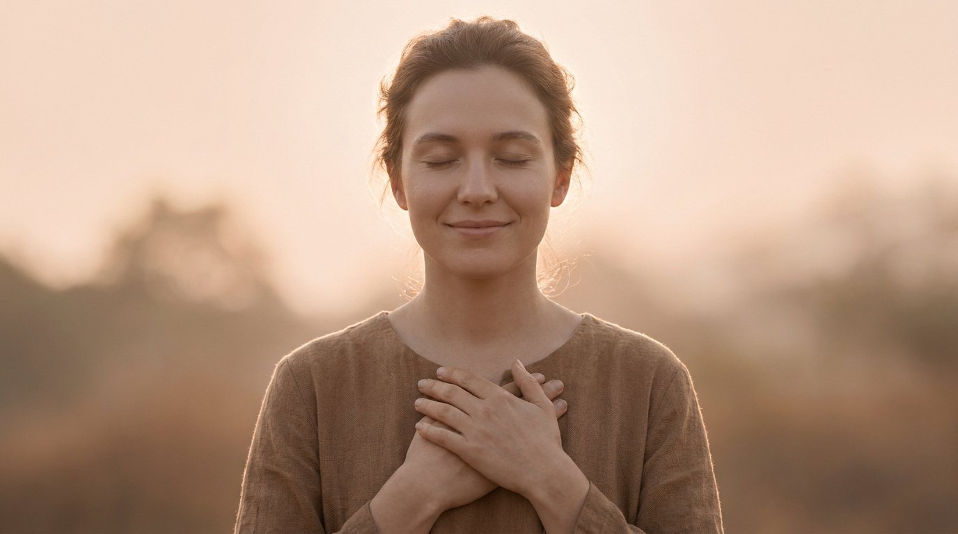 Femme souriante aux yeux clos, mains sur la poitrine, évoquant paix et gratitude au lever/coucher du soleil.