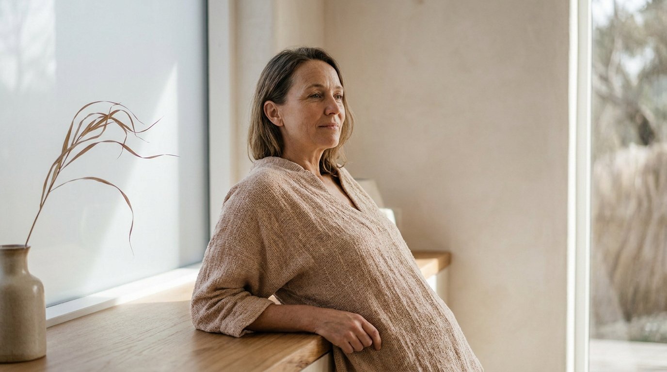 Femme mature aux cheveux bruns, chemise beige, reposant son bras sur un comptoir en bois, regardant pensivement une fenêtre ensoleillée.
