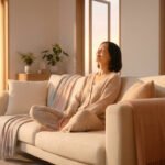 Femme sereine sur un canapé, baignée de lumière chaude, les yeux fermés. Symbolise la luminothérapie et la vitalité.