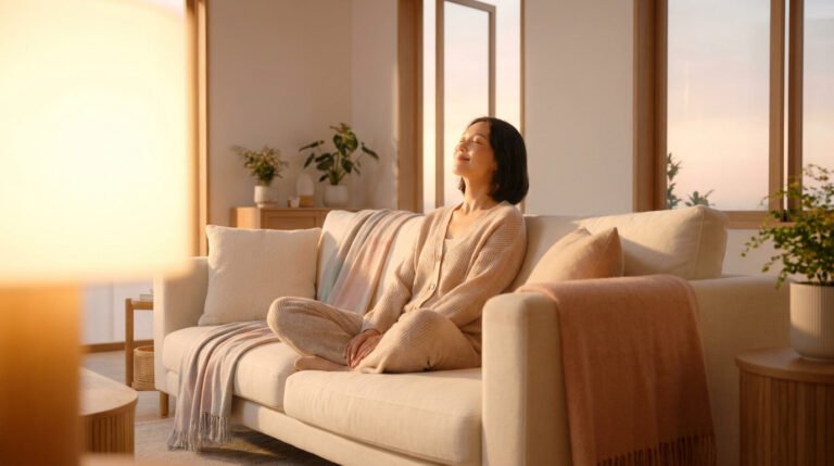 Femme sereine sur un canapé, baignée de lumière chaude, les yeux fermés. Symbolise la luminothérapie et la vitalité.