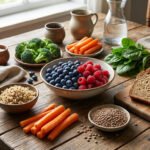 Table en bois rustique avec assortiment d'aliments riches en fibres : baies, brocolis, carottes, épinards, quinoa, lentilles et pain complet.