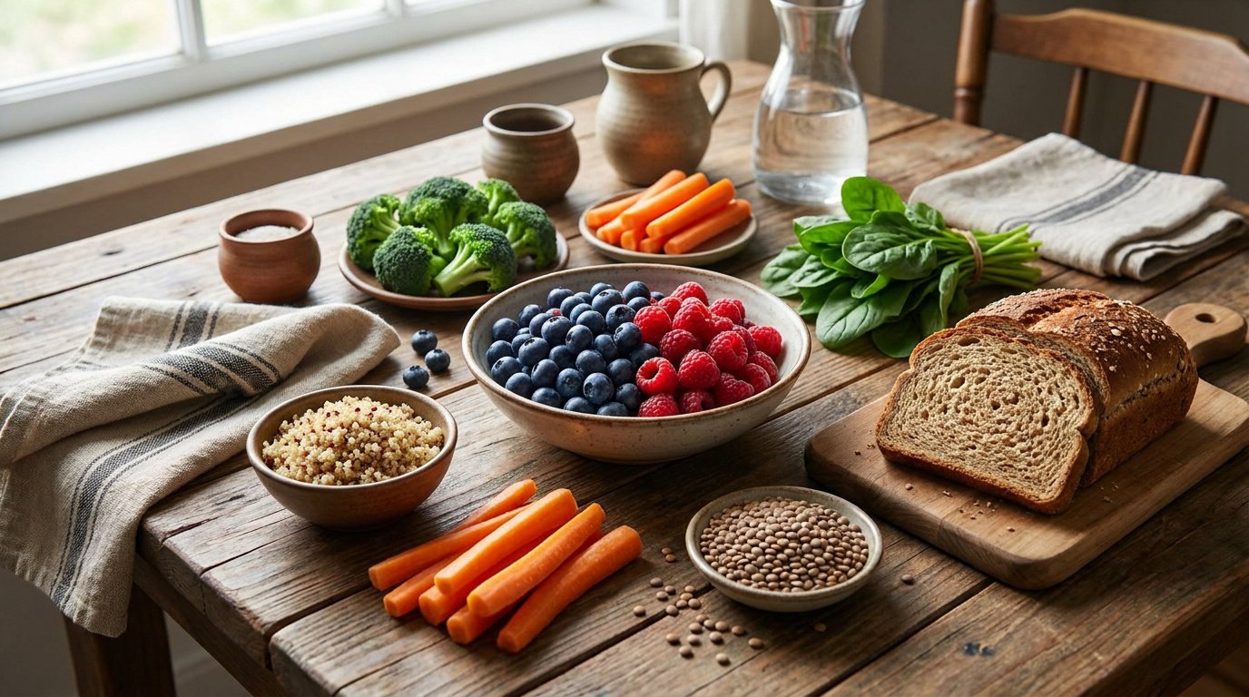 Table en bois rustique avec assortiment d'aliments riches en fibres : baies, brocolis, carottes, épinards, quinoa, lentilles et pain complet.