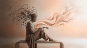 Figure assise sans visage, avec des formes chaotiques autour de la tête et des vagues fluides s'éloignant vers la lumière.