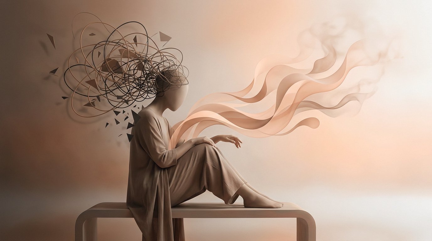 Figure assise sans visage, avec des formes chaotiques autour de la tête et des vagues fluides s'éloignant vers la lumière.