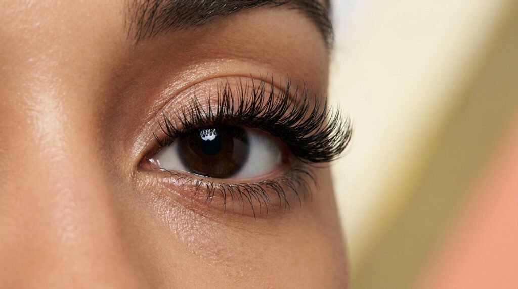 Gros plan sur un œil maquillé avec des cils longs, recourbés et très volumineux grâce au mascara Diorshow Overvolume.
