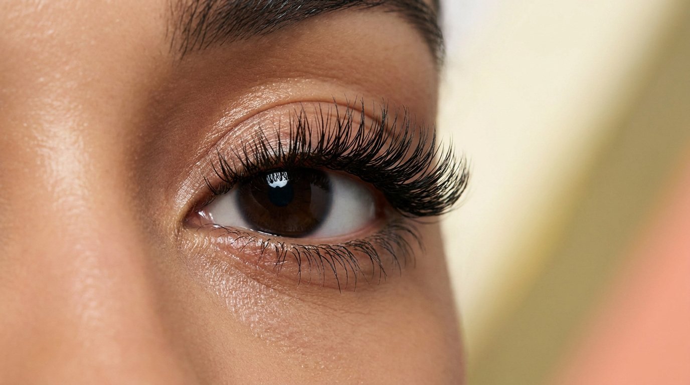 Gros plan sur un œil maquillé avec des cils longs, recourbés et très volumineux grâce au mascara Diorshow Overvolume.