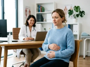 Personne ressentant une douleur à lestomac consultée par un médecin
