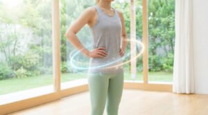 Femme en tenue de sport avec un cercle lumineux symbolisant les probiotiques autour de sa taille.